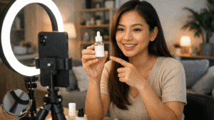 TikTok Affiliate Commission Rate Malaysia: Category Economics Explained 9 TikTok Affiliate Commission Rate Malaysia creators filming a product review video using a smartphone and ring light.