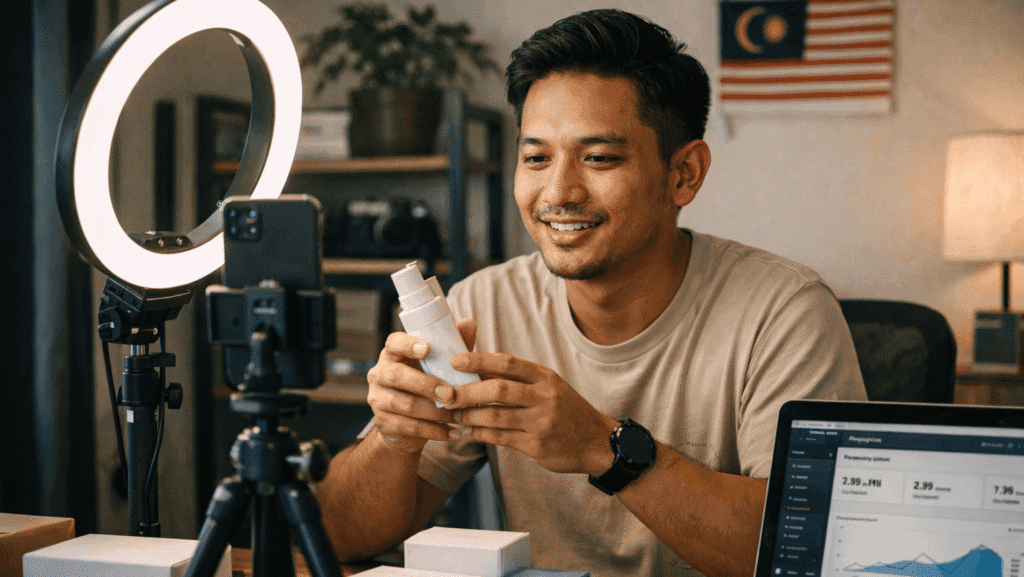 Malaysian TikTok affiliate creator filming a product review video in a small home studio setup - TikTok Affiliate commission risk