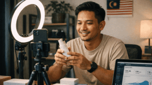 Hidden Commission Risks in TikTok Affiliate Malaysia 5 Malaysian TikTok affiliate creator filming a product review video in a small home studio setup - TikTok Affiliate commission risk
