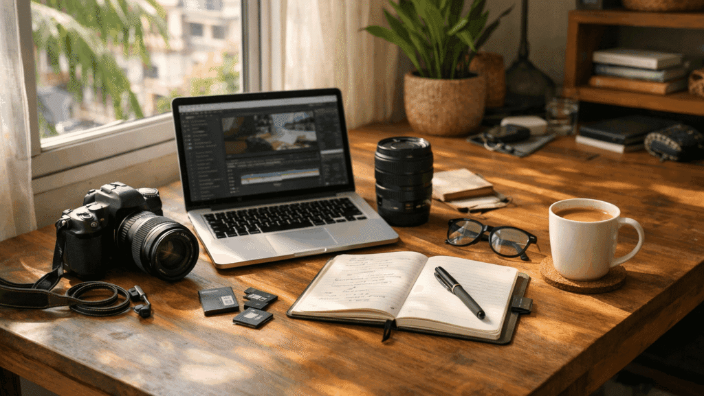 Blog & Insight page showing a bright Malaysian creator workspace with camera gear, laptop, notebook, and natural daylight