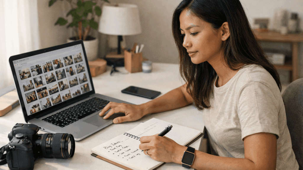 Blog & Insight scene of a Malaysian content creator editing photos and planning content at a bright desk with camera and laptop