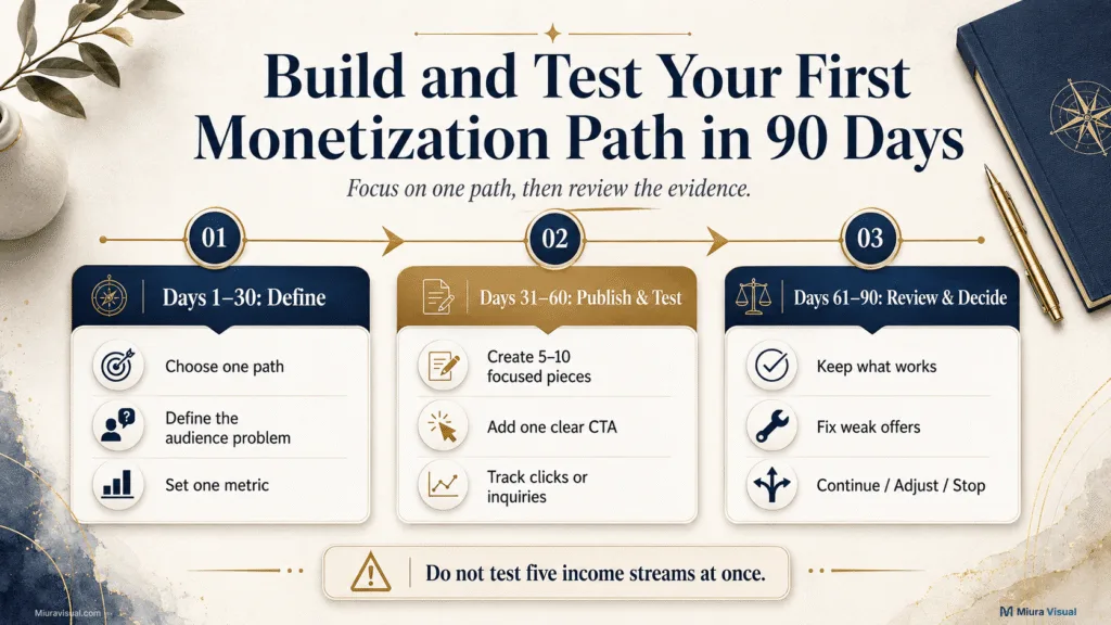 How Content Creators Make Money in Malaysia? From Skills to Income 5 Infographic showing a 90-day monetization plan for creators to define, test and review their first income path