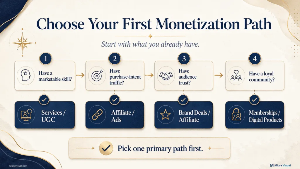 How Content Creators Make Money in Malaysia? From Skills to Income 3 Infographic showing how creators can choose their first monetization path based on skills, traffic, audience trust and community