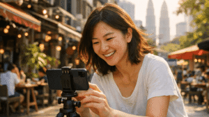 Creator Tips for Better Shooting and Editing 1 Create engaging videos tips example of a Malaysian creator filming bright outdoor video content in a lively environment