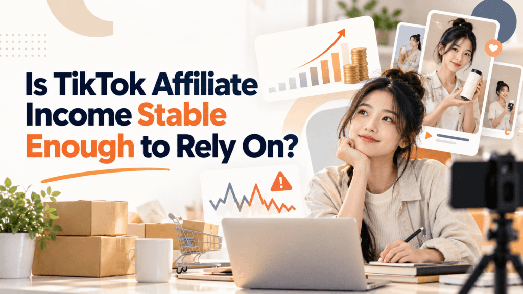 Is TikTok Affiliate Income Stable Enough to Rely On? 1 Editorial hero about whether TikTok Affiliate income is stable enough to rely on, with affiliate analytics and creator commerce visuals.