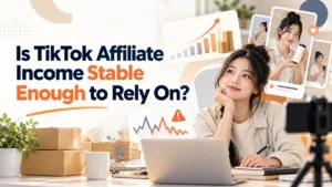 Miura Visual | Malaysia Visual Studio for Brands 37 Editorial hero about whether TikTok Affiliate income is stable enough to rely on, with affiliate analytics and creator commerce visuals.