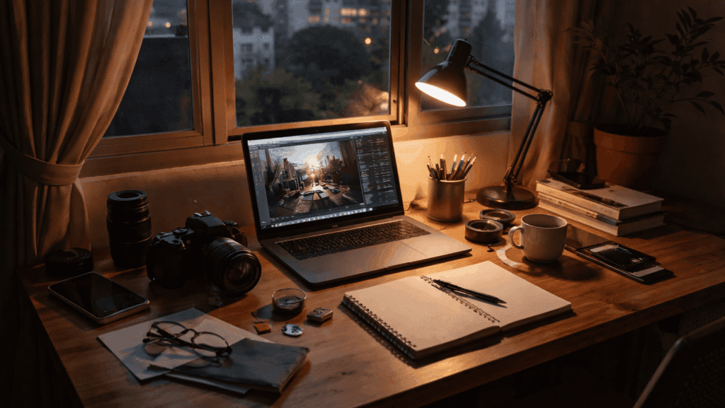 independent creator workspace with camera and laptop in Malaysia