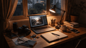 independent creator workspace with camera and laptop in Malaysia
