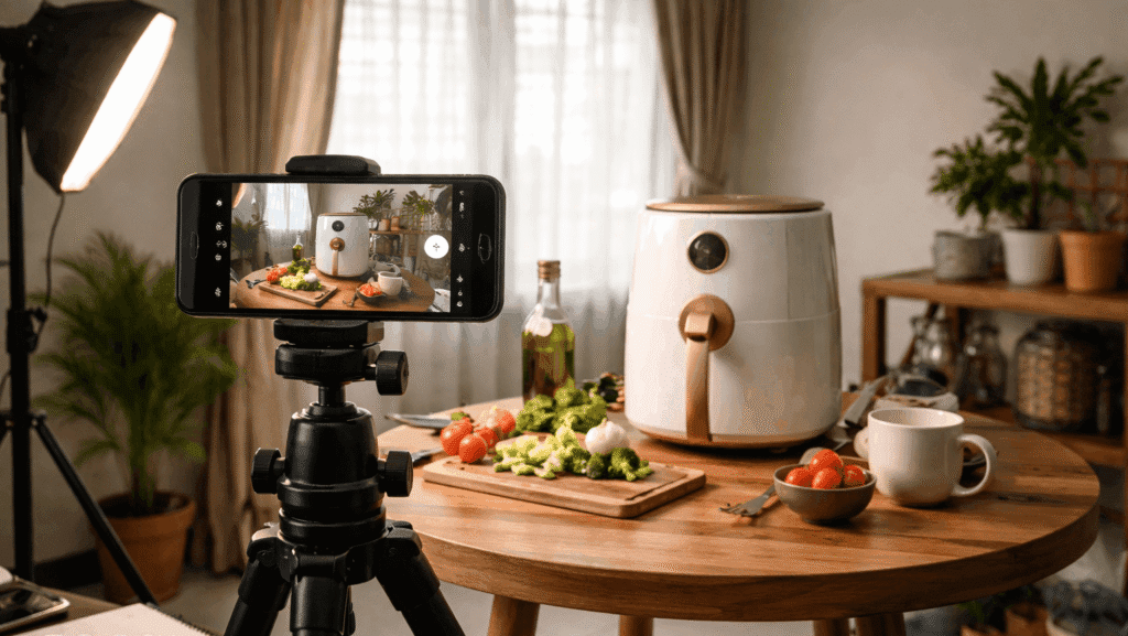 Home setup used by Malaysian creators to film affiliate product demonstration videos