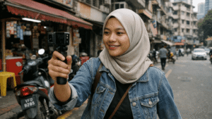 Malaysian creator casually filming everyday content on a city street
