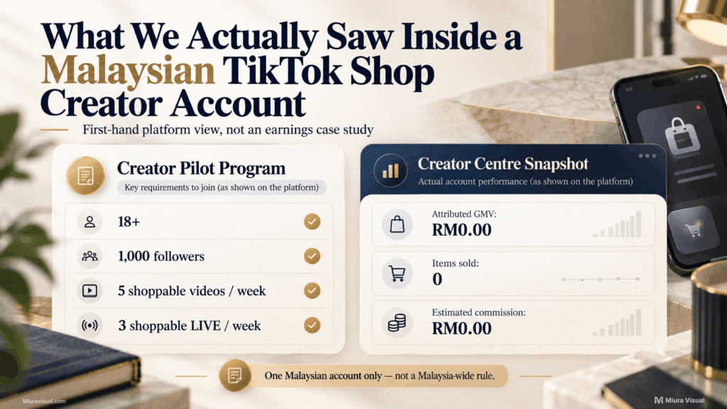 Is TikTok Affiliate Income Stable Enough to Rely On? 2 Malaysian TikTok Shop creator account showing Creator Pilot Program limits and a Creator Centre dashboard with zero attributed GMV and commission.