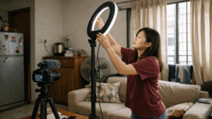 malaysian creator filming a short video inside a small apartment studio setup
