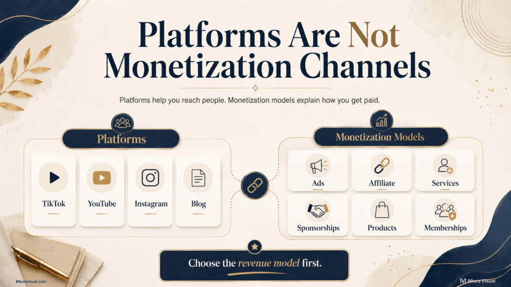 How Content Creators Make Money in Malaysia? From Skills to Income 2 Infographic showing the difference between content platforms and monetization models for creators in Malaysia