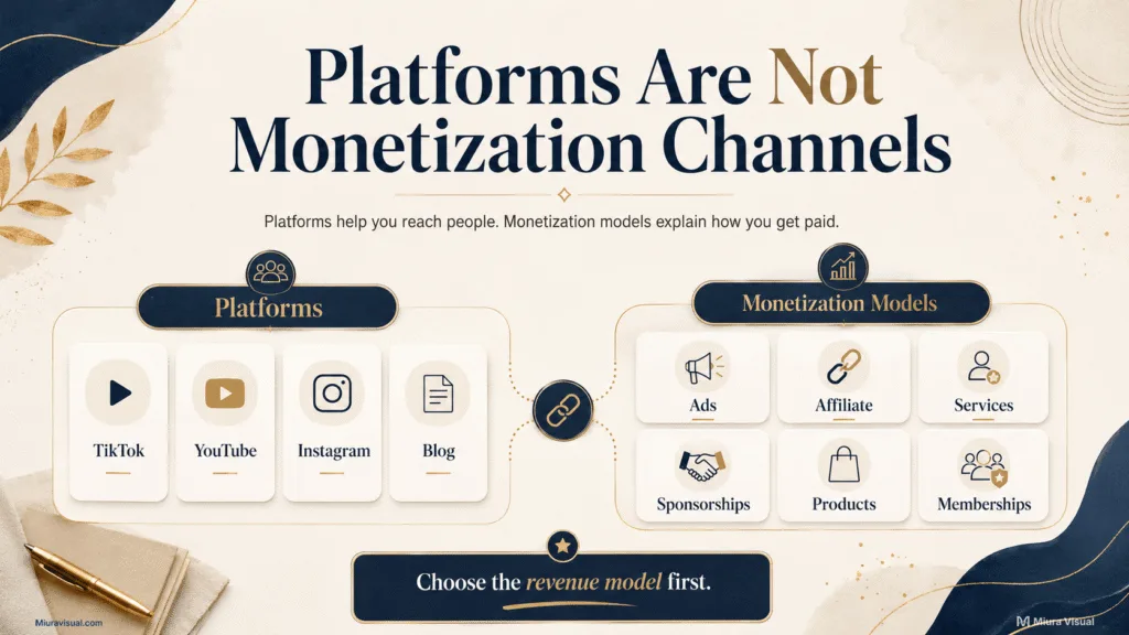 How Content Creators Make Money in Malaysia? From Skills to Income 2 Infographic showing the difference between content platforms and monetization models for creators in Malaysia