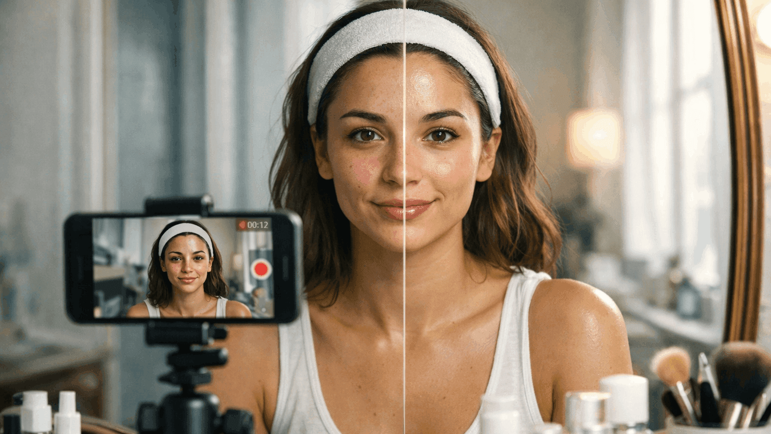 Shopee affiliate beauty content showing skincare before and after transformation