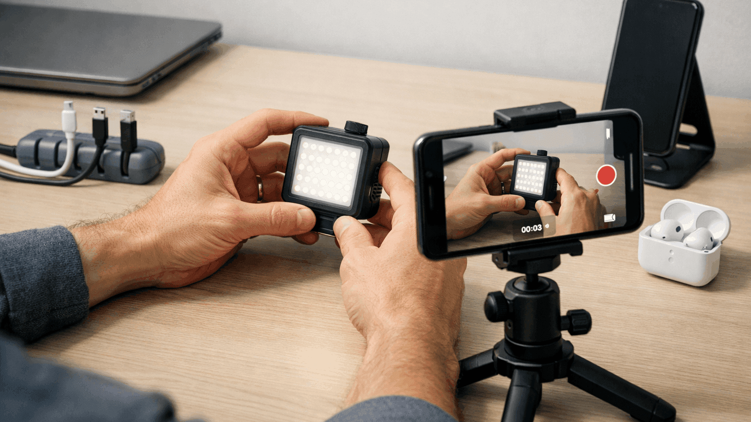 Shopee affiliate gadget content showing product demonstration on desk setup