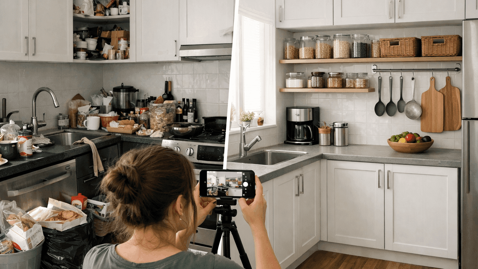 Shopee affiliate home content showing messy to organized kitchen transformation