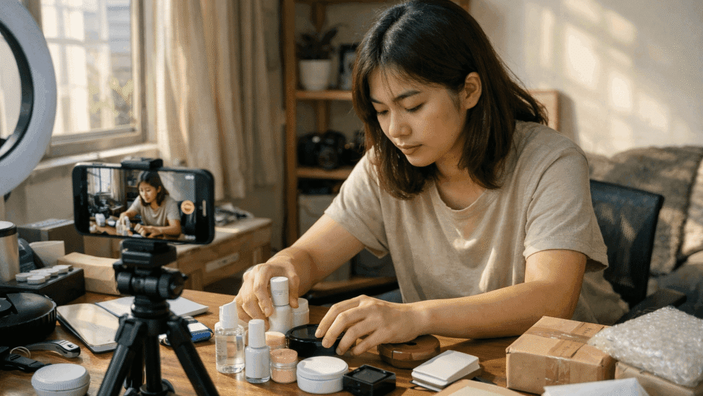 Shopee Affiliate Income Malaysia content creator filming product demo at home with natural setup