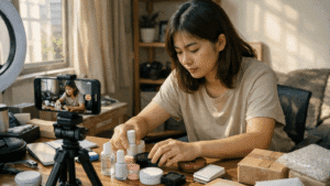 Shopee Affiliate Income Malaysia: How Much Can You Really Earn? 7 Shopee Affiliate Income Malaysia content creator filming product demo at home with natural setup