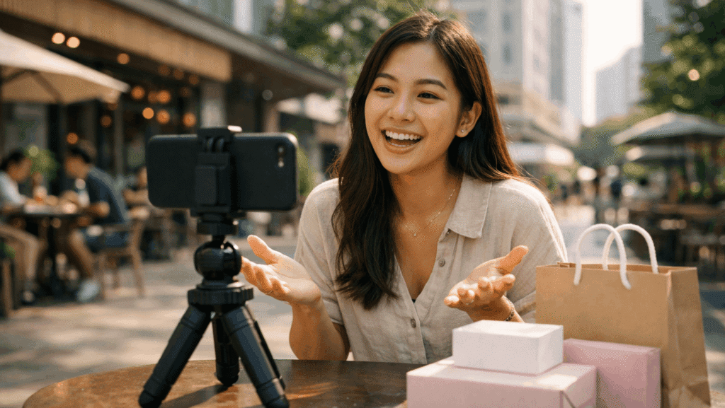 Shopee Affiliate Malaysia content creator filming outdoor video for affiliate marketing in Malaysia