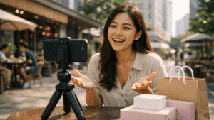 Shopee Affiliate Malaysia content creator filming outdoor video for affiliate marketing in Malaysia