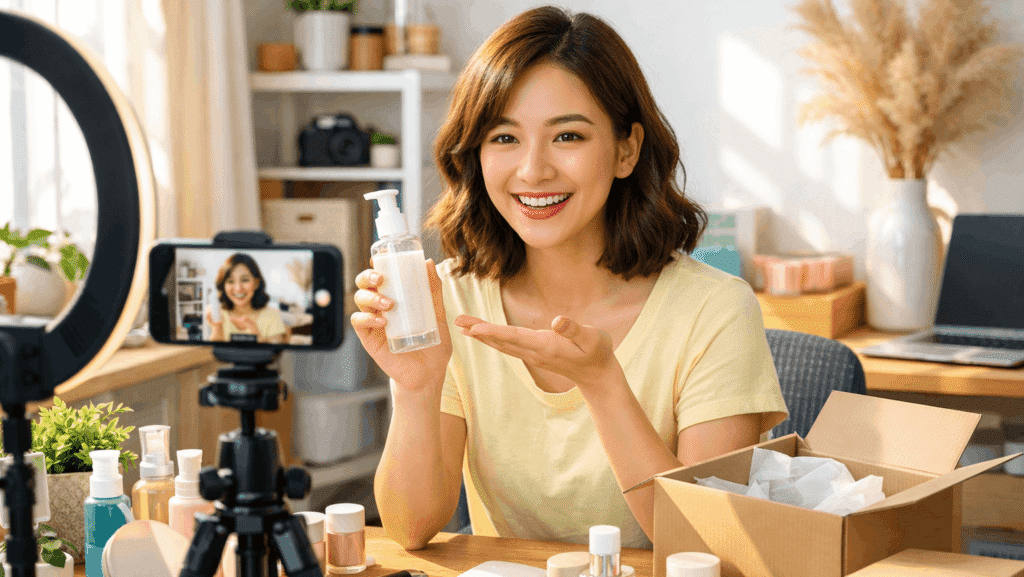 Shopee affiliate tips content creator filming product videos at home with everyday items and natural lighting