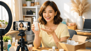 Shopee affiliate tips content creator filming product videos at home with everyday items and natural lighting