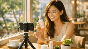 Shopee top selling products affiliate creator working in a natural light workspace creating content