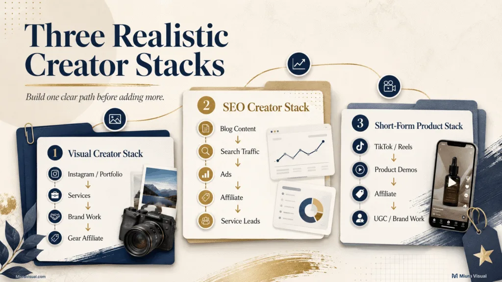 How Content Creators Make Money in Malaysia? From Skills to Income 4 Infographic showing three realistic creator monetization stacks for visual creators, SEO creators and short-form product creators
