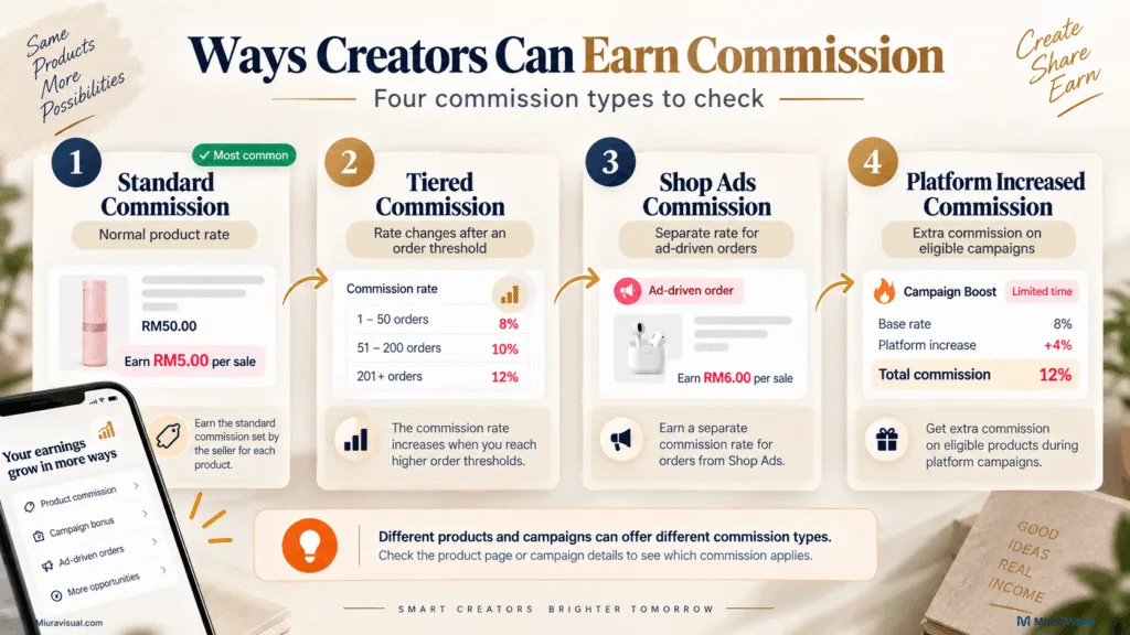 How Does TikTok Affiliate Commission Work in Malaysia? 6 Standard, tiered, Shop Ads and platform increased TikTok Affiliate commission types