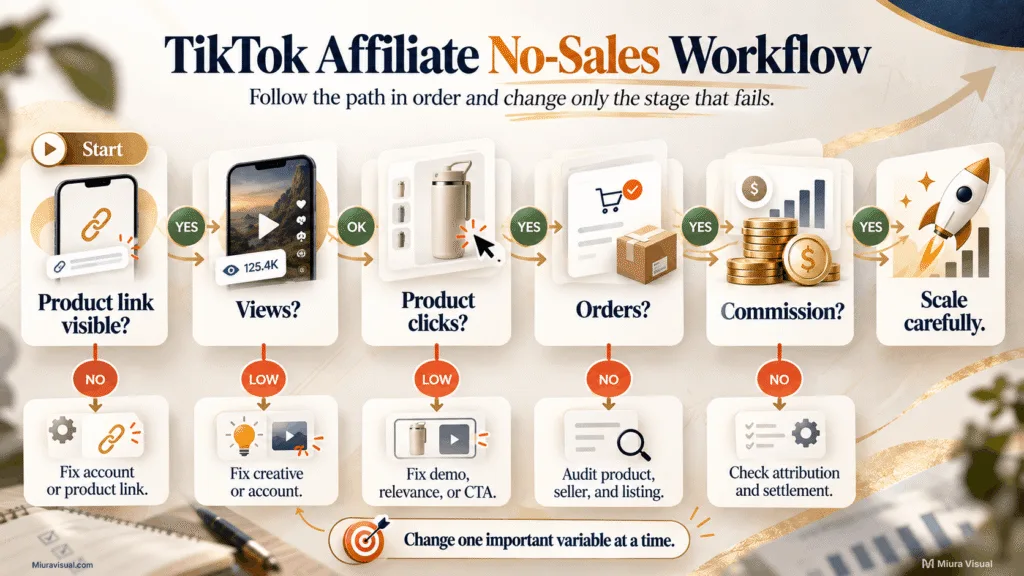 TikTok Affiliate no sales troubleshooting workflow from product link and views to clicks, orders and commission