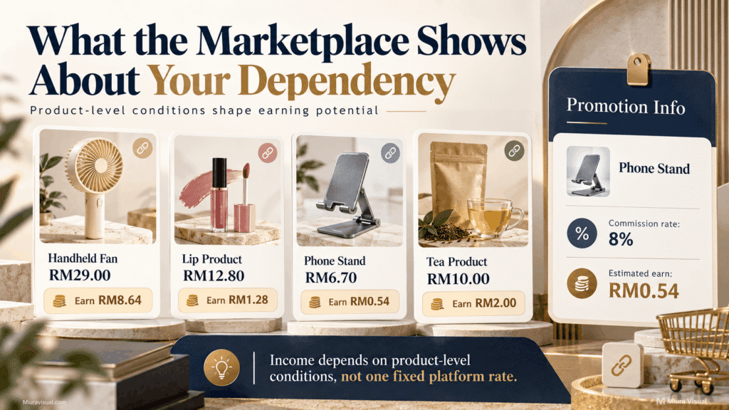 Is TikTok Affiliate Income Stable Enough to Rely On? 3 TikTok Affiliate Marketplace examples showing different product prices, estimated earnings and an 8% commission rate for a phone stand.
