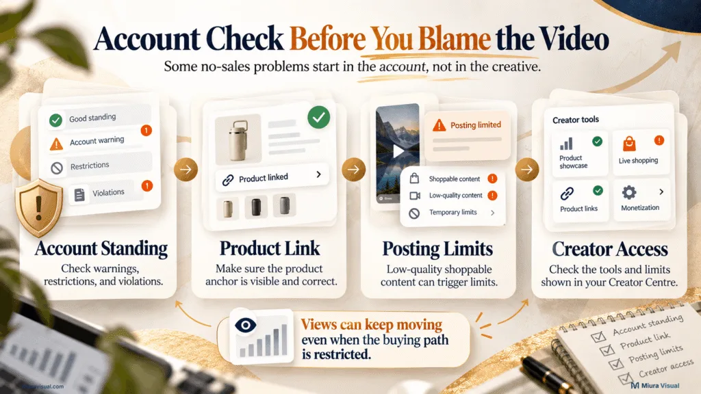 TikTok Affiliate account check covering account standing, product links, posting limits and creator access