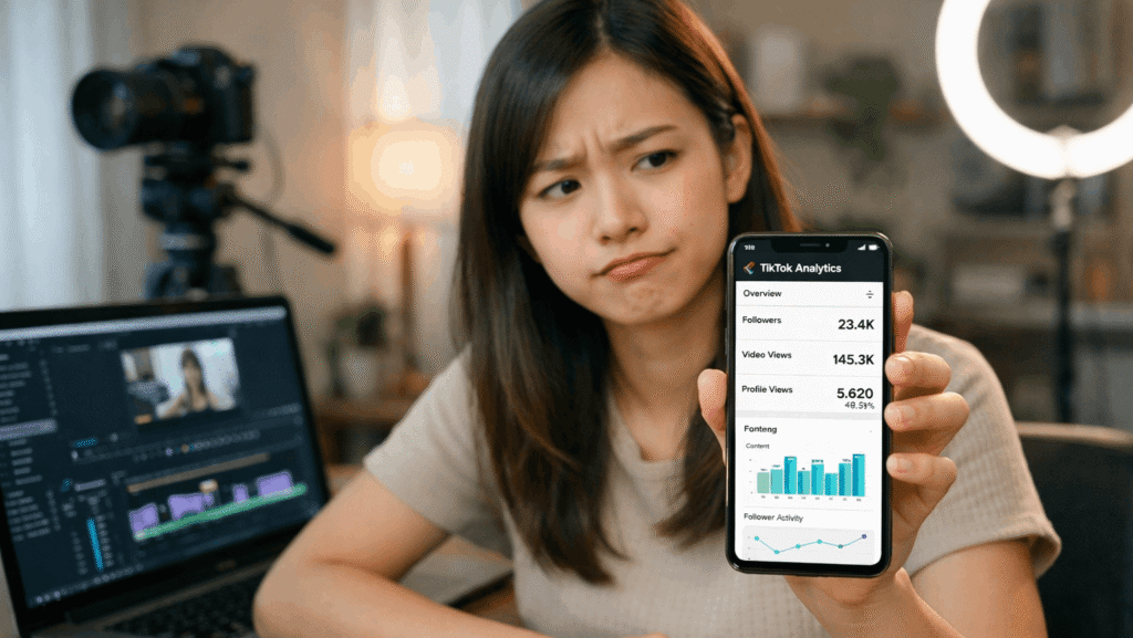 TikTok Affiliate no sales situation for a Malaysian content creator checking analytics after posting multiple videos