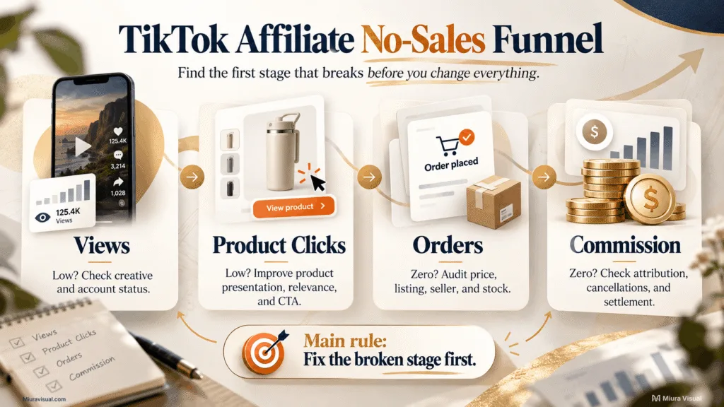 TikTok Affiliate no sales funnel showing where problems can occur between views, product clicks, orders and commission