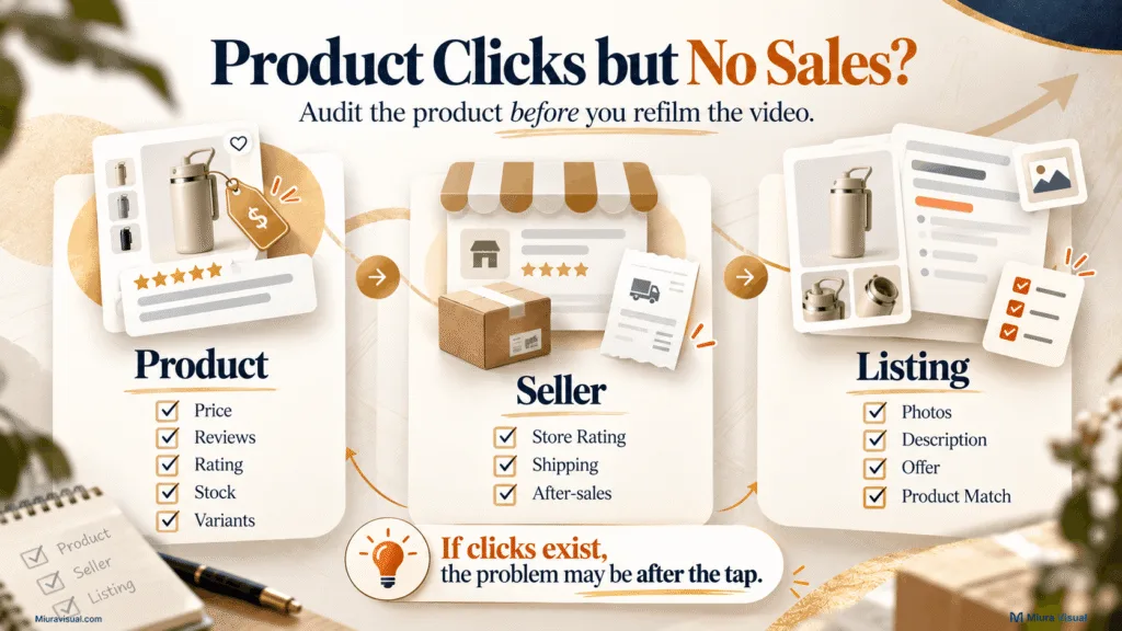 Product audit checklist for TikTok Affiliate product clicks with no sales covering product, seller and listing factors