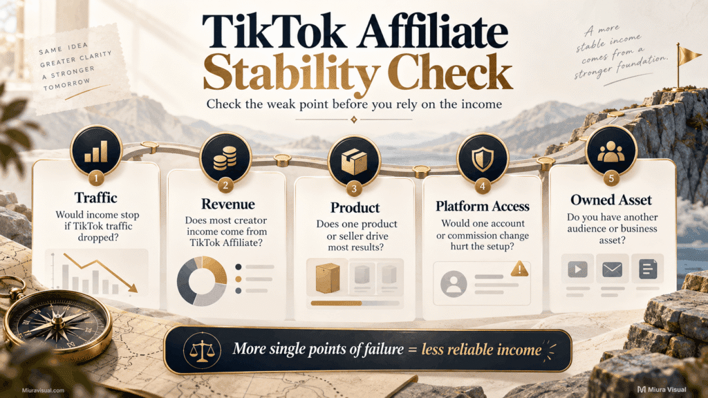 Is TikTok Affiliate Income Stable Enough to Rely On? 4 Is TikTok Affiliate income stable? Stability check covering traffic, revenue, product, platform access and owned assets.