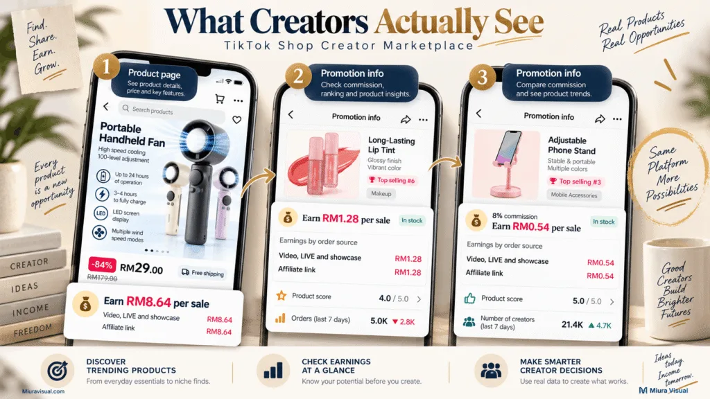 How Does TikTok Affiliate Commission Work in Malaysia? 3 TikTok Shop Creator Marketplace showing product earnings and affiliate commission details