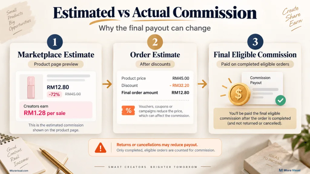 How Does TikTok Affiliate Commission Work in Malaysia? 5 TikTok Affiliate estimated commission compared with final eligible commission