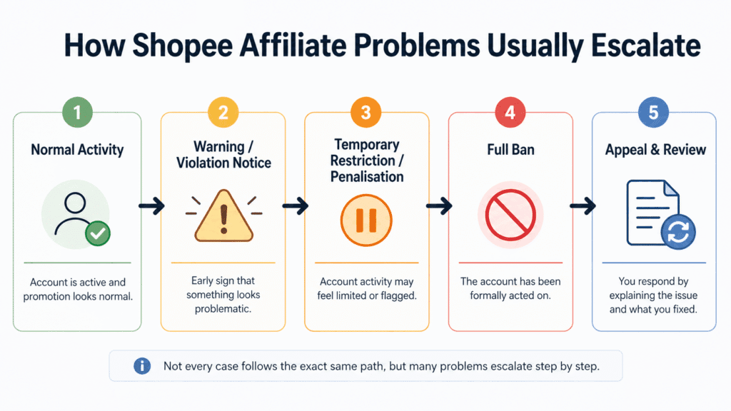Shopee Affiliate banned escalation diagram showing five stages: normal activity, warning or violation notice, temporary restriction or penalisation, full ban, and appeal and review.