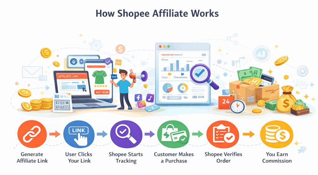 Illustration showing how to generate a Shopee affiliate link and how Shopee tracks clicks, orders, and commission payout.