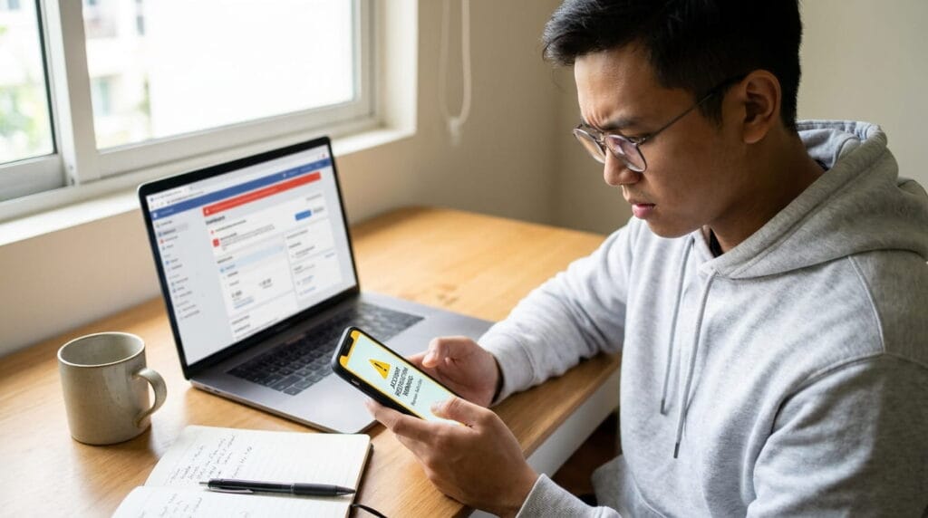 Shopee Affiliate banned creator checking a warning message on his phone while reviewing an account issue on a laptop.