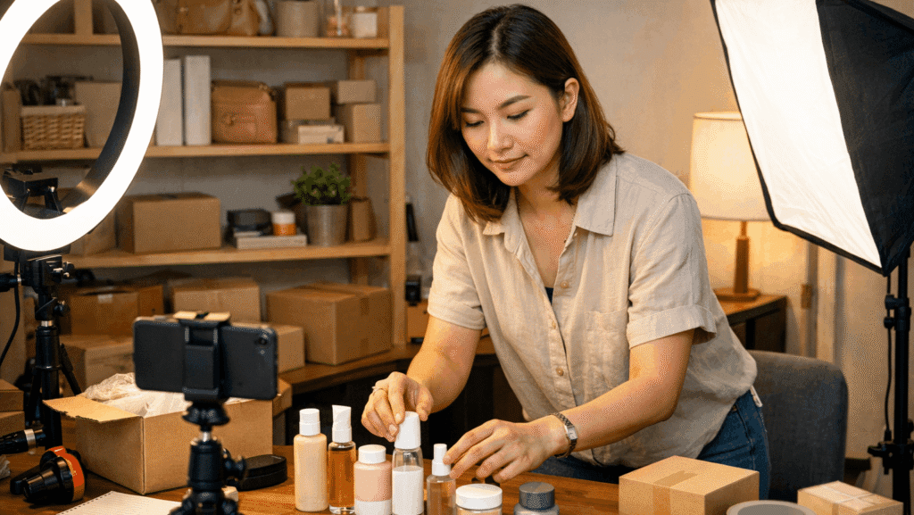 Malaysian Chinese creator filming products in a live room studio setup for how to generate Shopee affiliate link content.