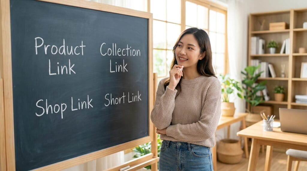 Shopee Affiliate link types cover image showing a curious Asian content creator looking at a blackboard with Product Link, Collection Link, Shop Link, and Short Link