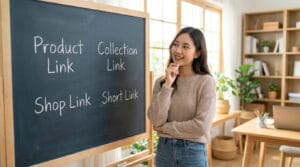 Shopee Affiliate link types cover image showing a curious Asian content creator looking at a blackboard with Product Link, Collection Link, Shop Link, and Short Link