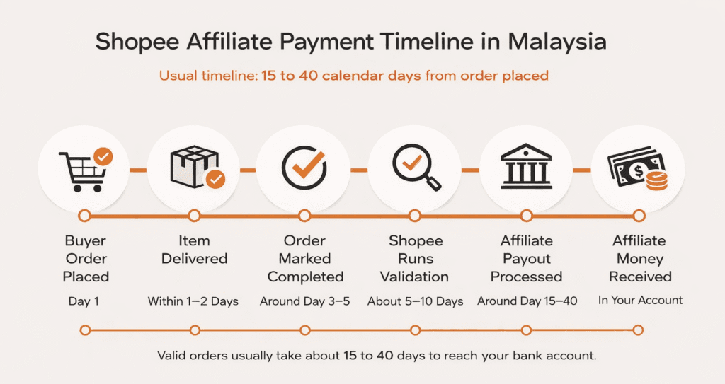 Shopee affiliate payout timeline in Malaysia showing the order-to-commission payment process