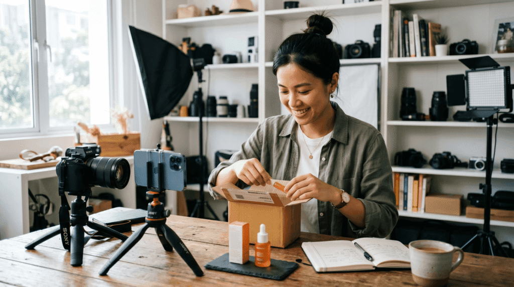 Malaysian affiliate creator opening a parcel and preparing a product review setup for Shopee Free Sample content.
