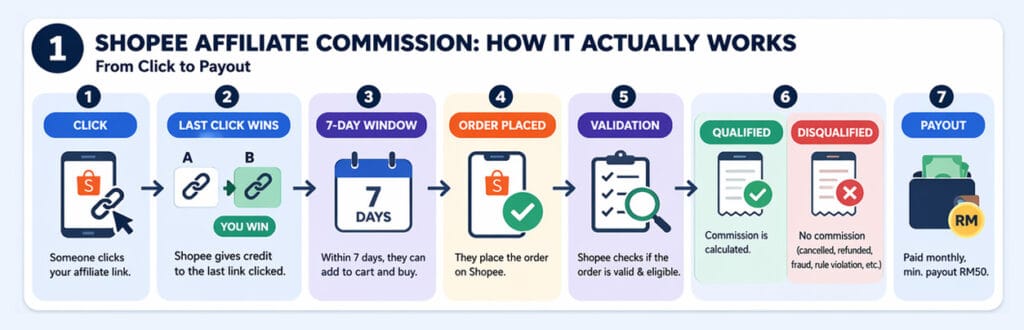 Shopee Affiliate Commission Rate in Malaysia flow chart showing how affiliate commission works from click to payout
