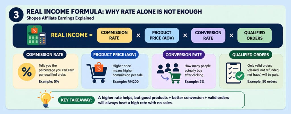 Shopee Affiliate Commission Rate in Malaysia diagram showing the real income formula for affiliate earnings