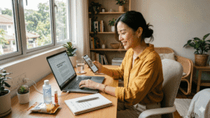 Local Malaysian Chinese woman creating content for share Shopee affiliate links workflow across social media platforms